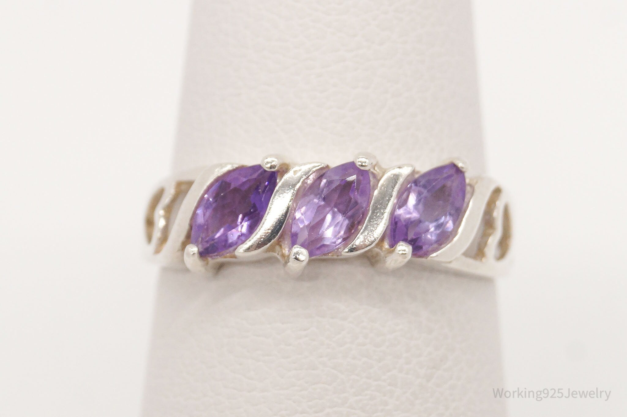 Vintage Amethyst Heart Cut Outs Sterling Silver Ring - Size 6.75