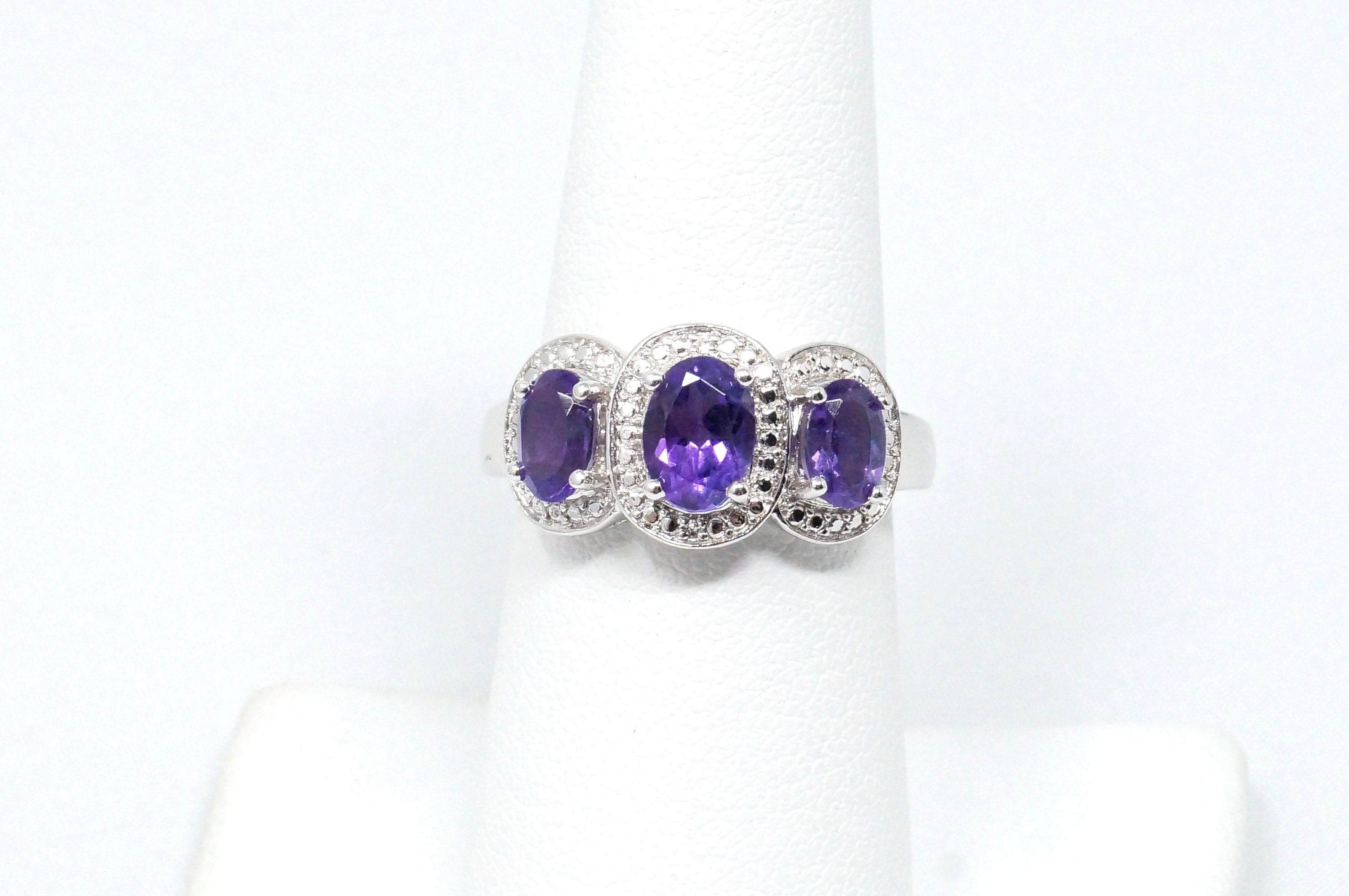 Vintage Art Deco Style Purple Amethyst Sterling Silver Ring - Size 6.75