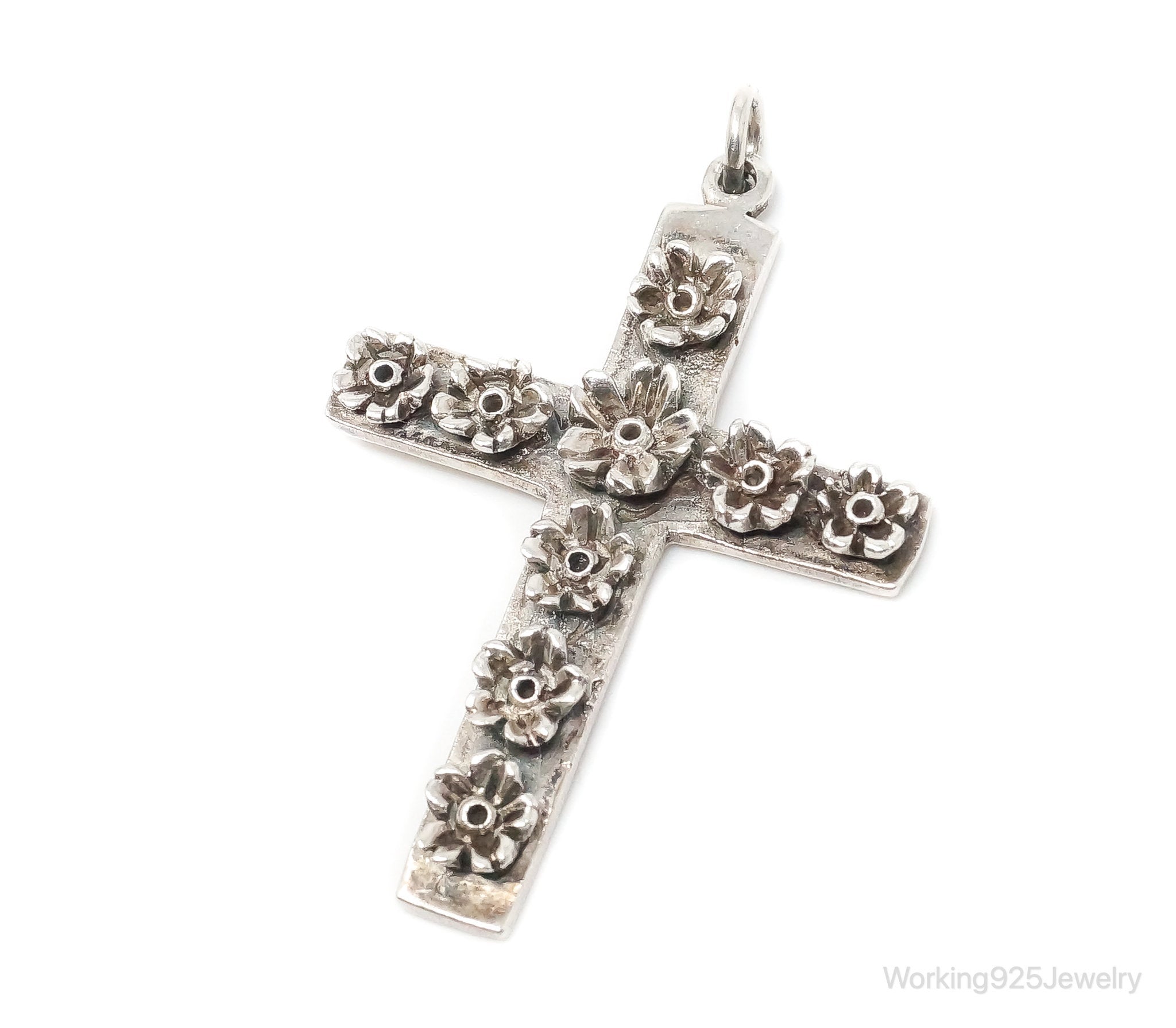 Large Vintage Blooming Flowers Cross Sterling Silver Necklace Pendant