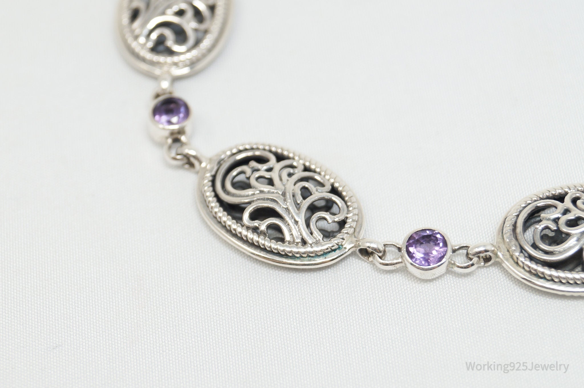 Vintage Amethyst Filigree Scroll Style Sterling Silver Bracelet