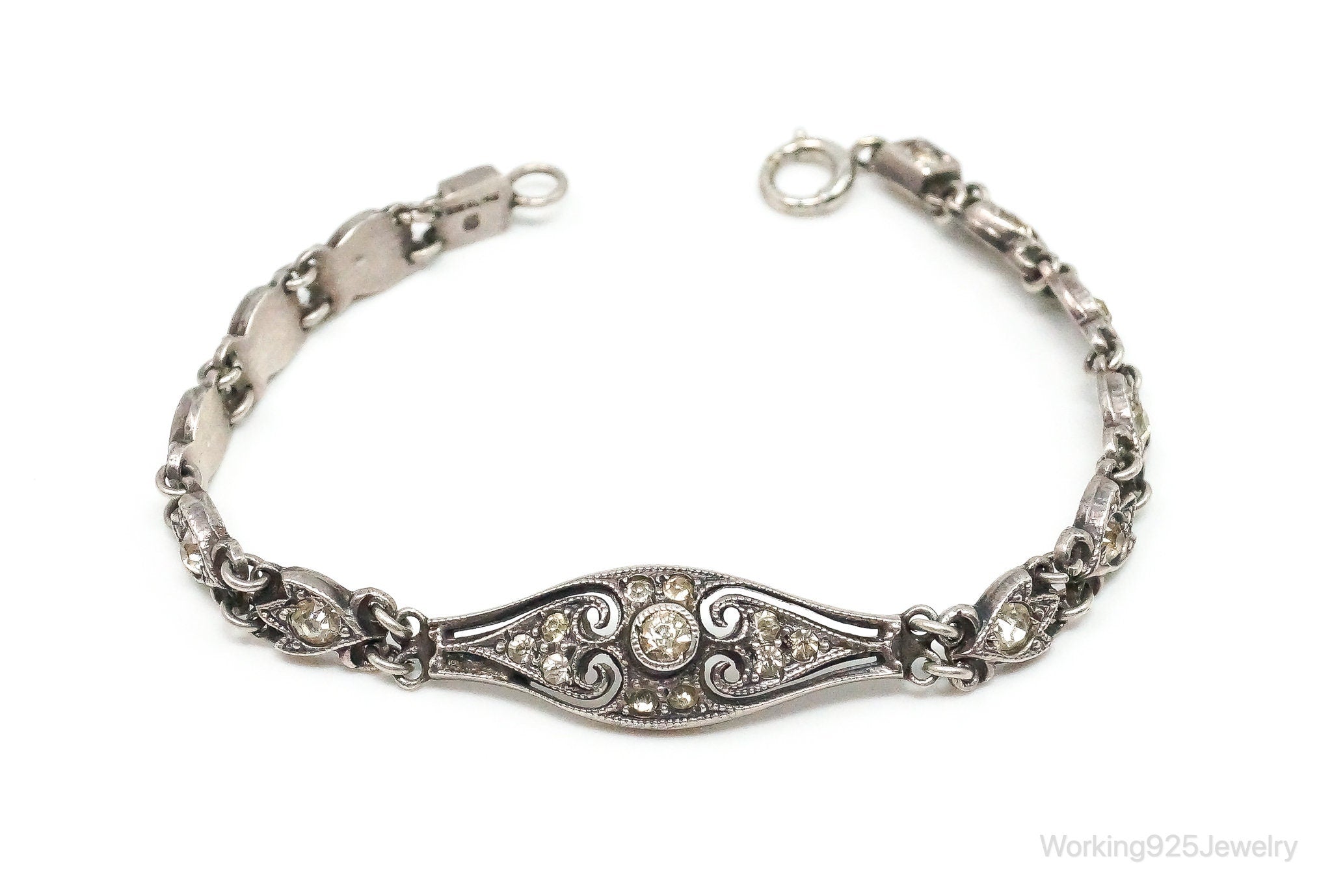 RARE Antique Art Deco Designer Rhinestone Sterling Silver Bracelet