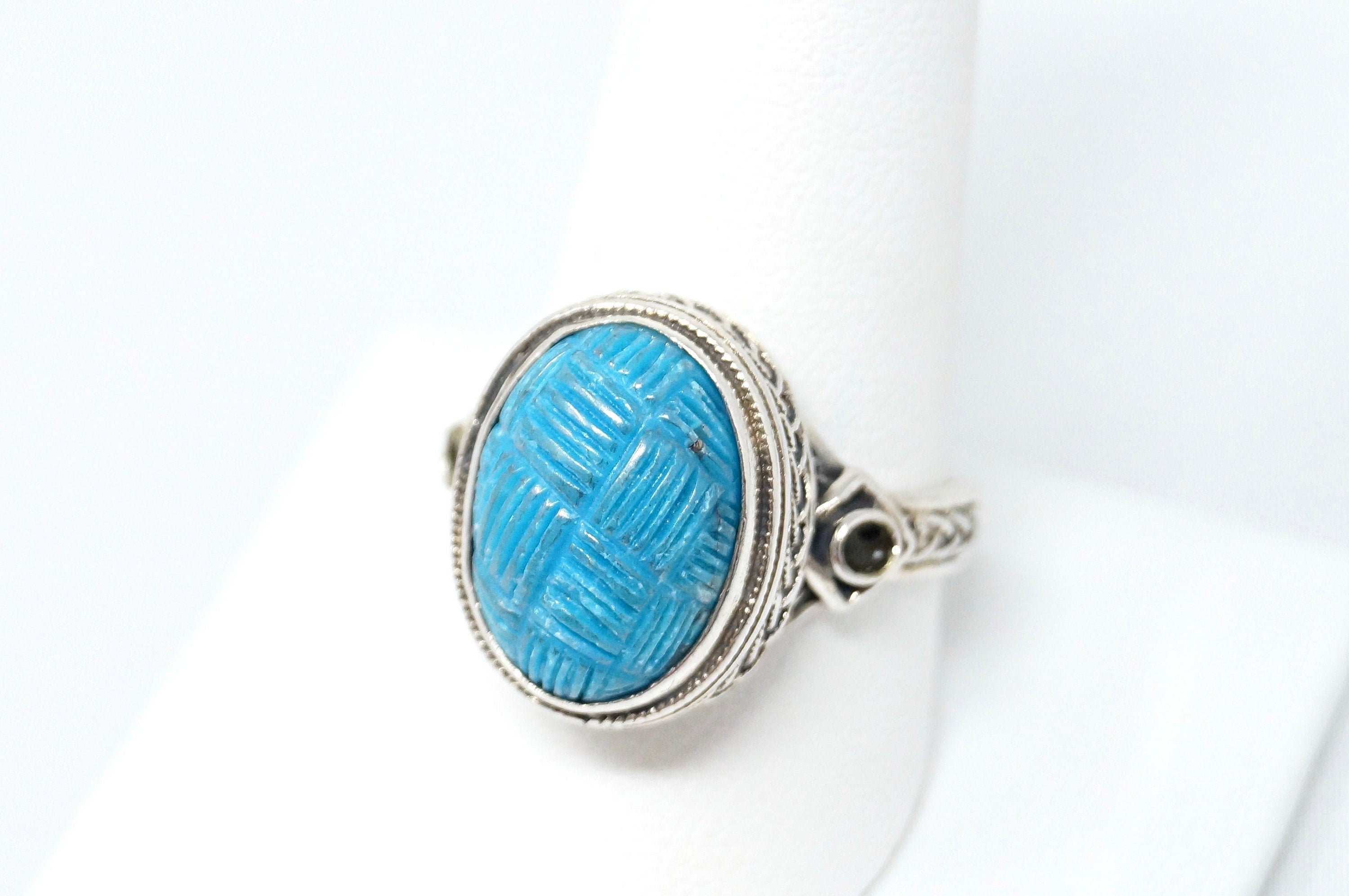 Vintage Designer Carved Turquoise Sterling Silver Ring - Size 10