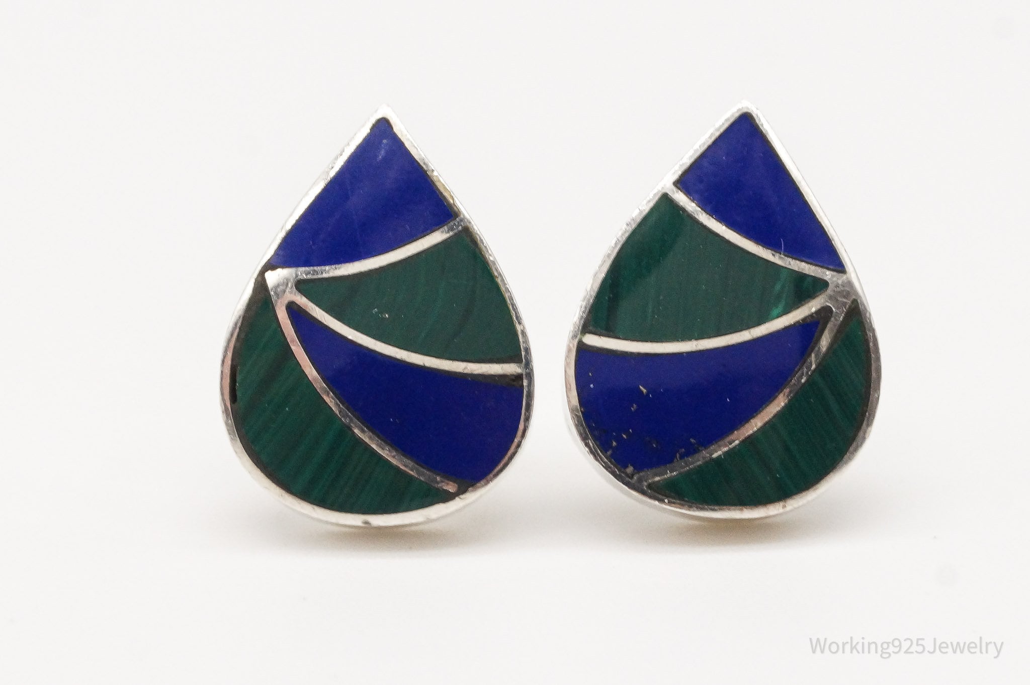 Vintage Lapis Lazuli Malachite 950 Silver Earrings