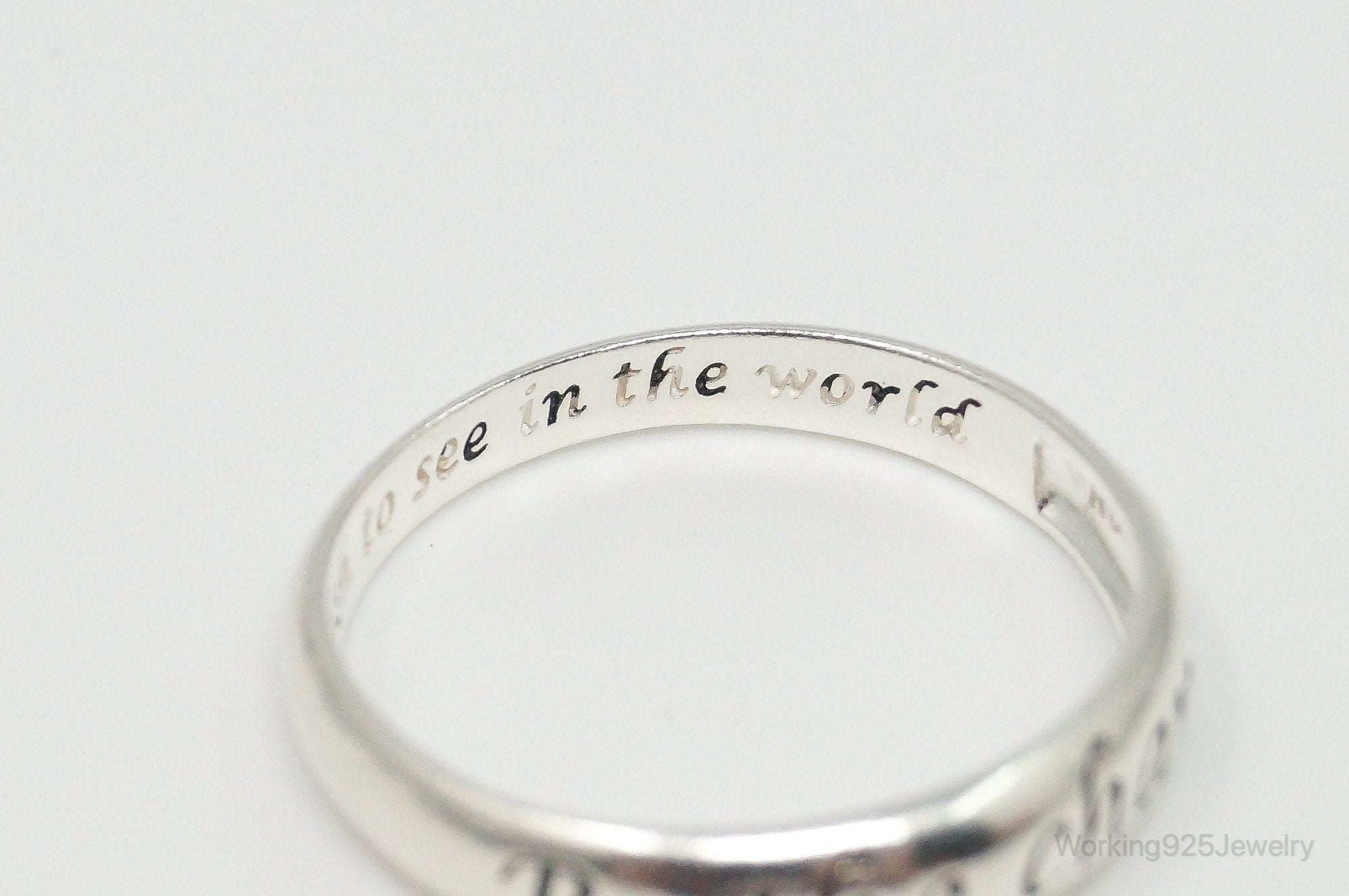 Designer RJ "Be The Change" Sterling Silver Quote Ring - Size 8