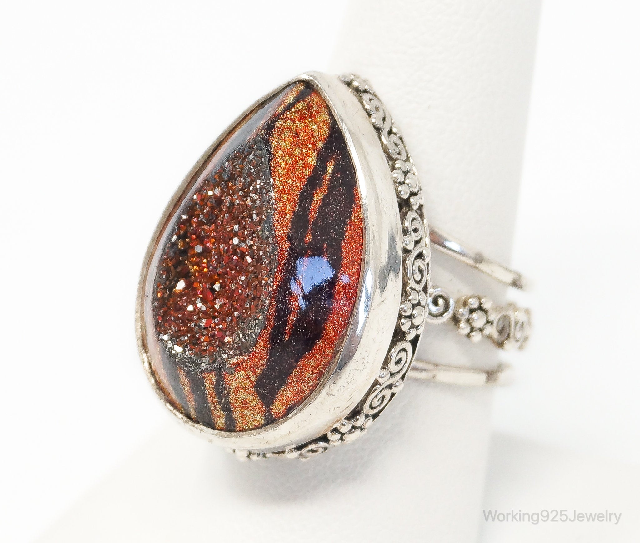 Designer Sajen Tiger Stripe Enamel Druzy Quartz Sterling Silver Ring SZ 8.5