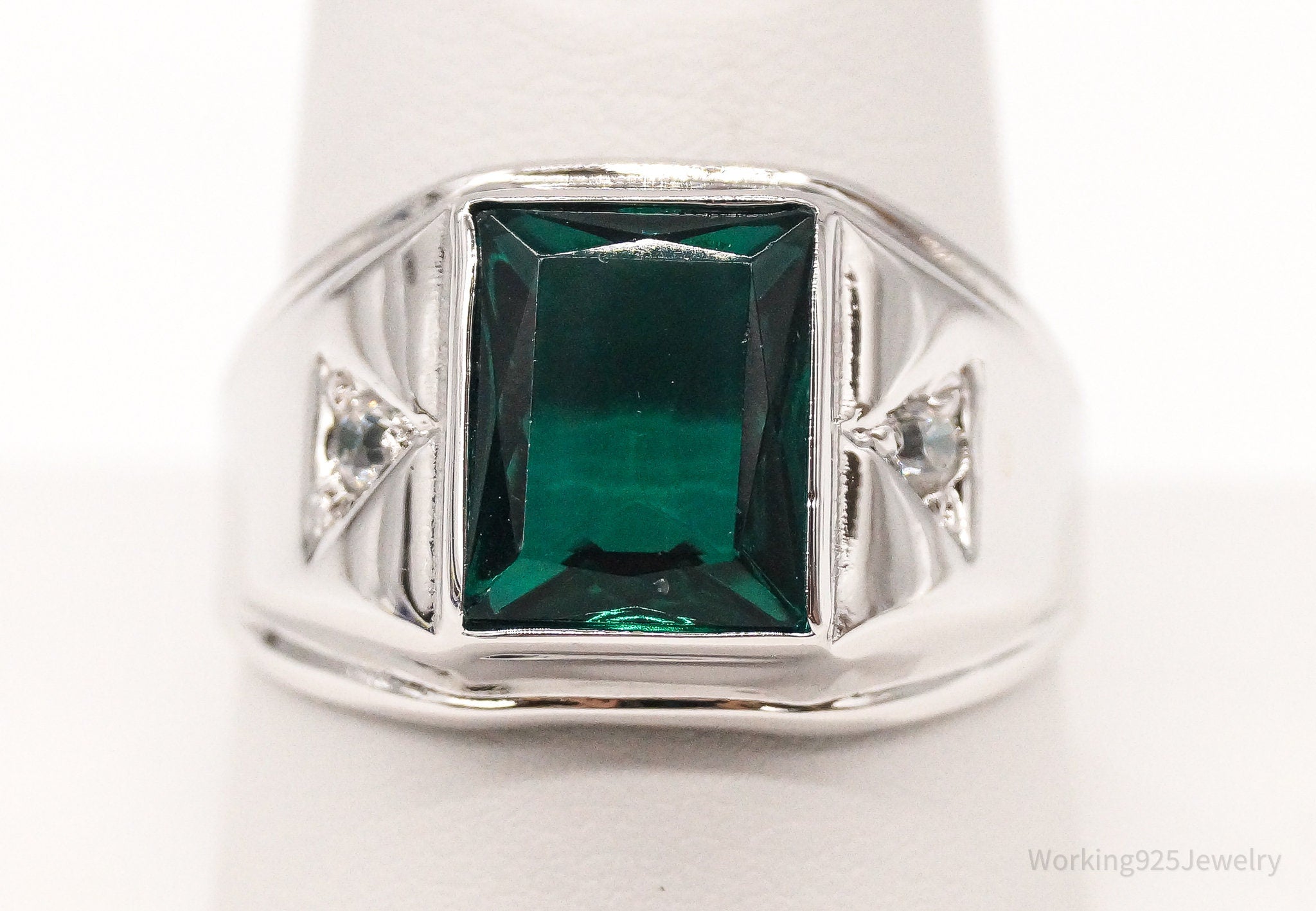 Vintage Designer SETA Green Glass Cubic Zirconia Sterling Silver Ring SZ 10.75