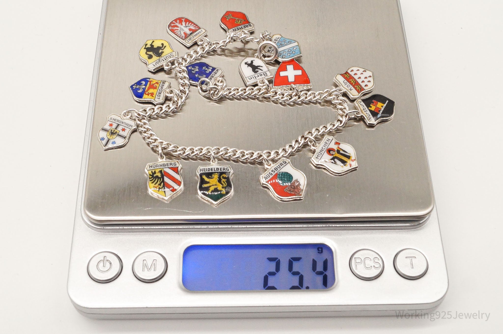 Antique Vintage Enamel Travel 800 / 835 Silver Charms Silver Bracelet