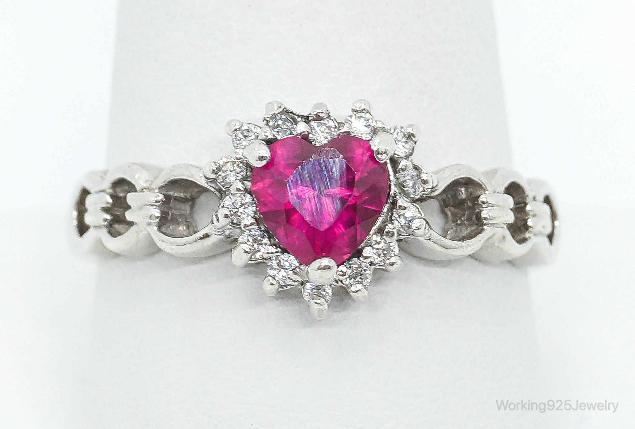 Pink Topaz Cubic Zirconia Heart Sterling Silver Ring - SZ 10