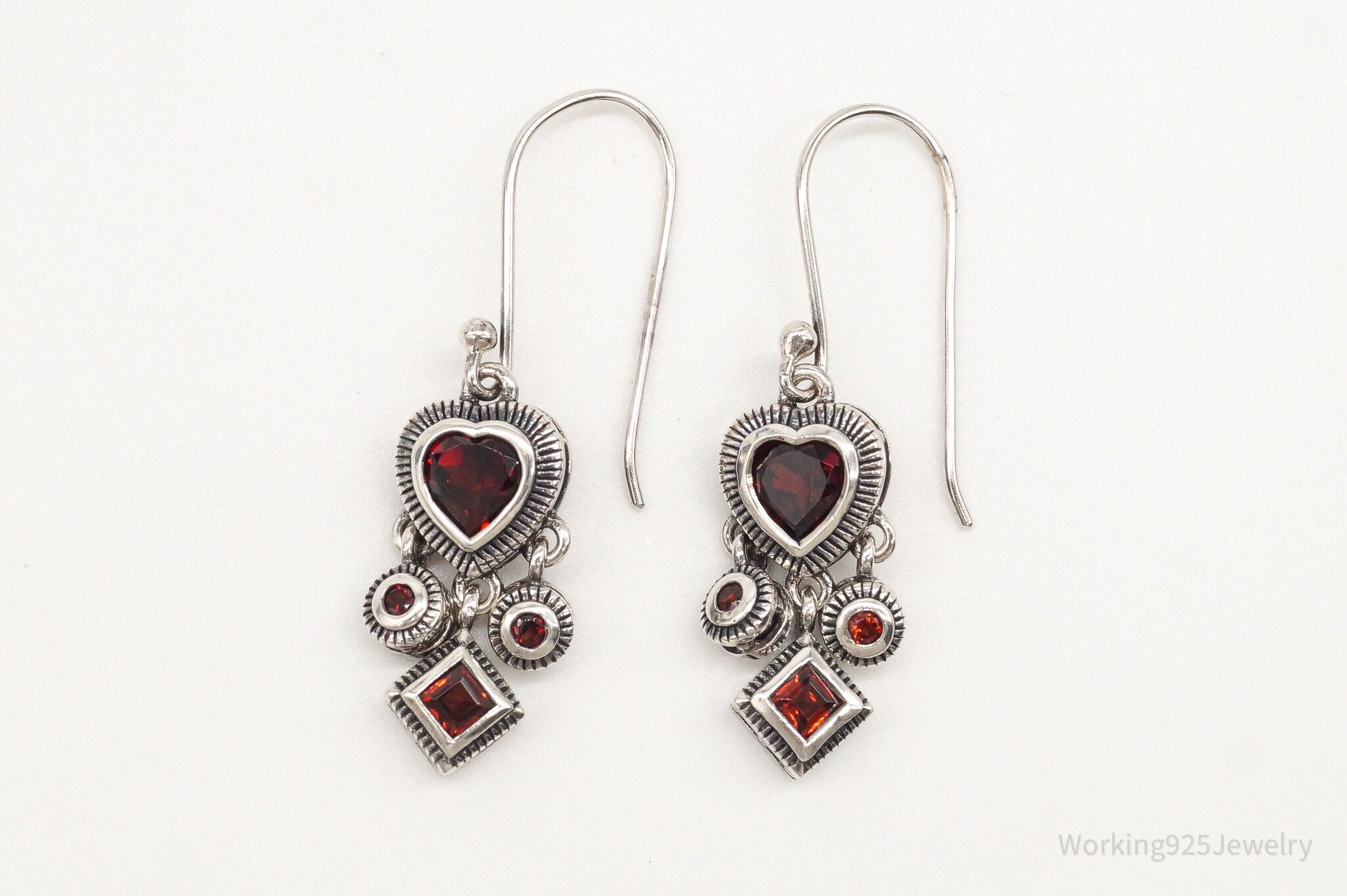 Vintage Garnet Hearts Sterling Silver Earrings