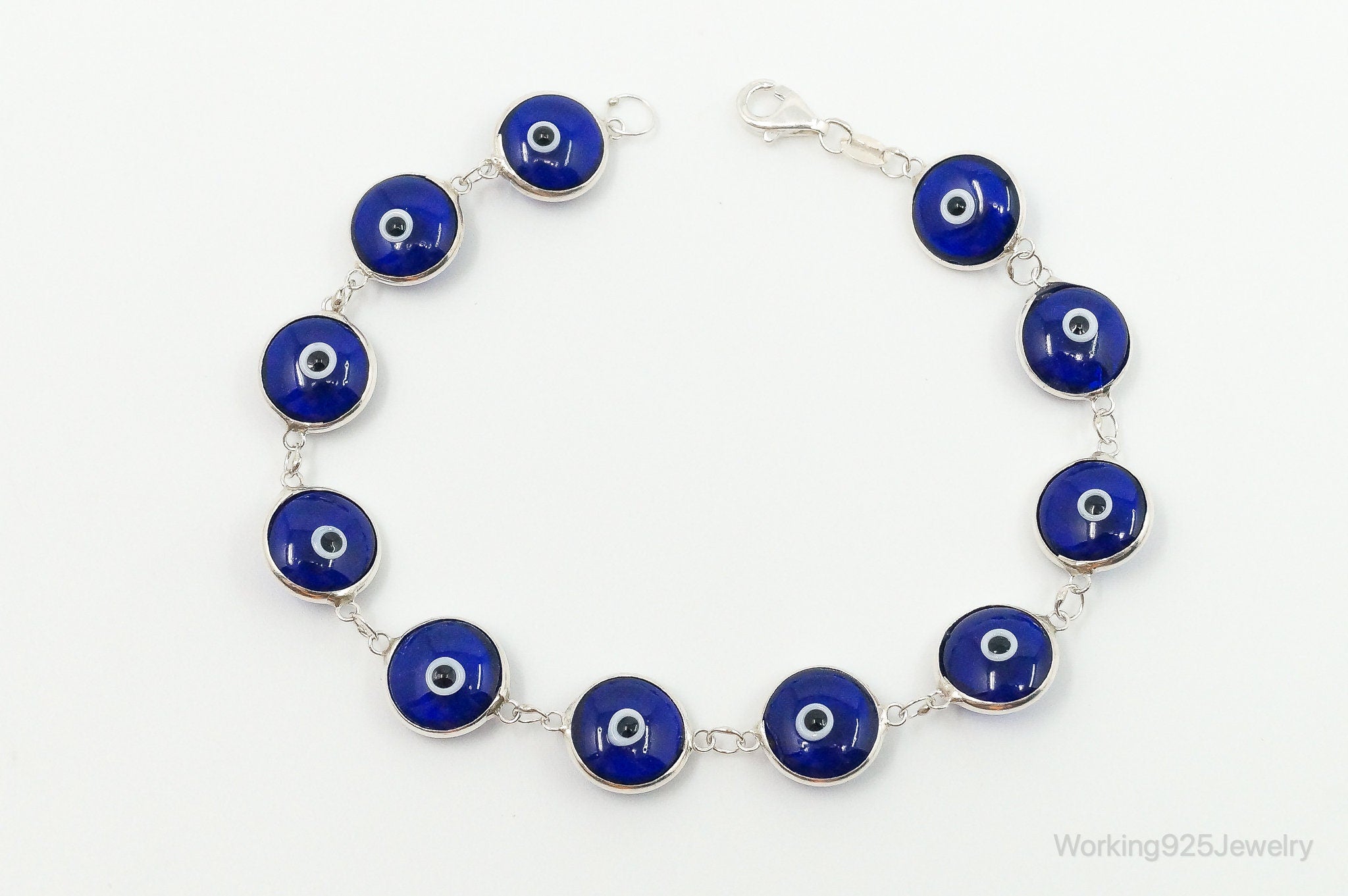 Vintage Blue Glass Eye Sterling Silver Link Bracelet