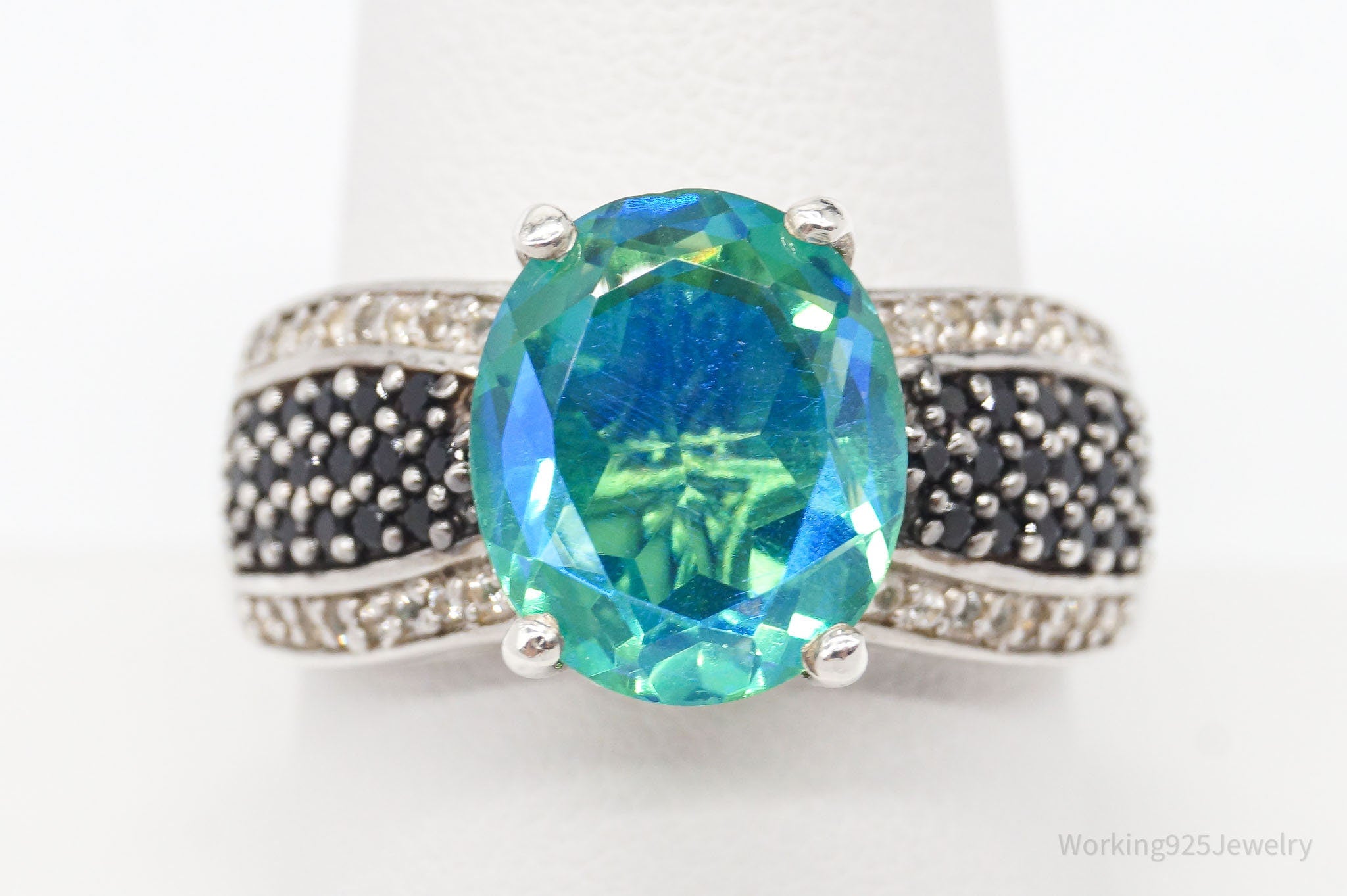 Vintage Green Blue Mystic Topaz Black Spinel Sterling Silver Ring - Size 10.25